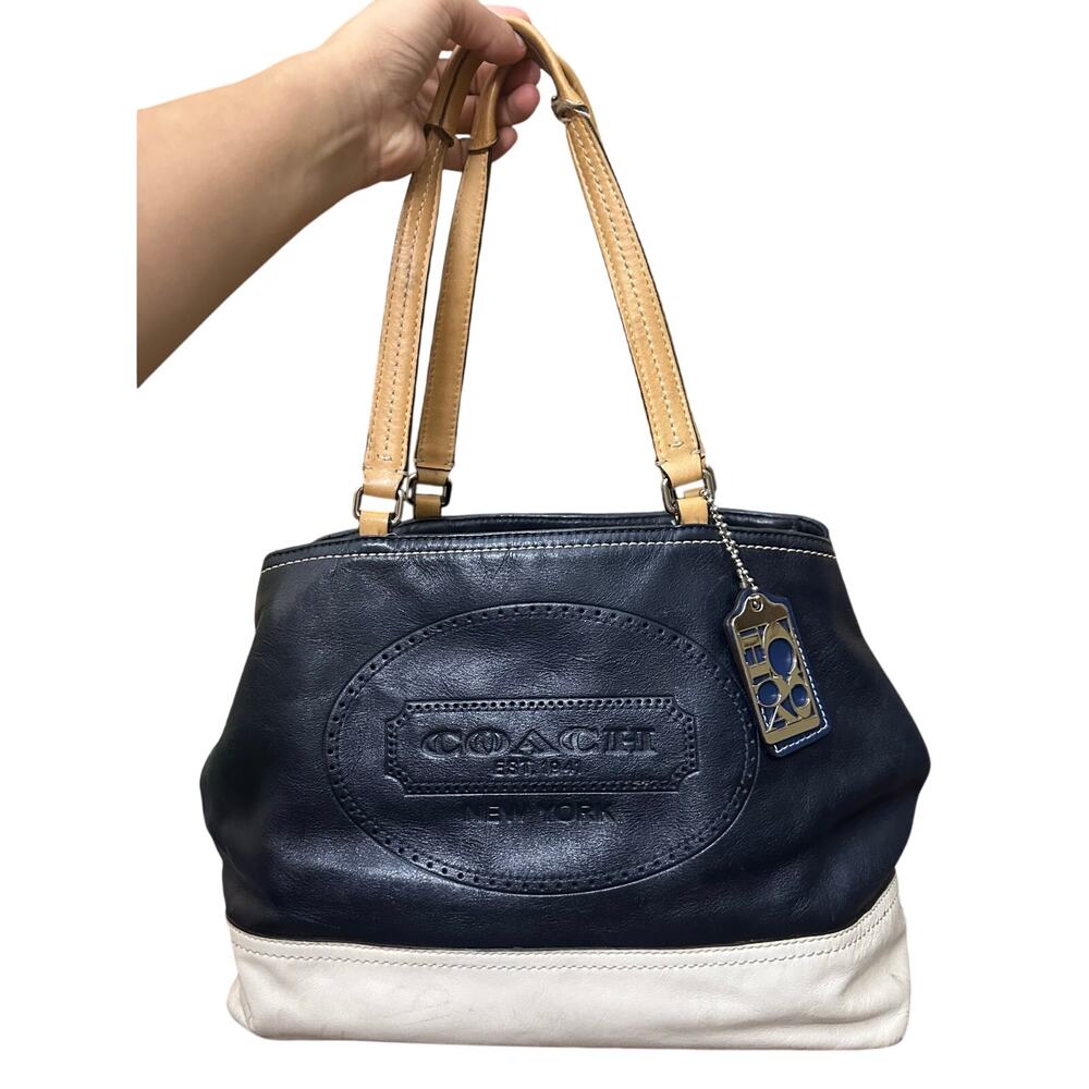 Coach New York Leather Womens Purse Handbag Blue White Satchel Handle Bag - Picture 3 of 16